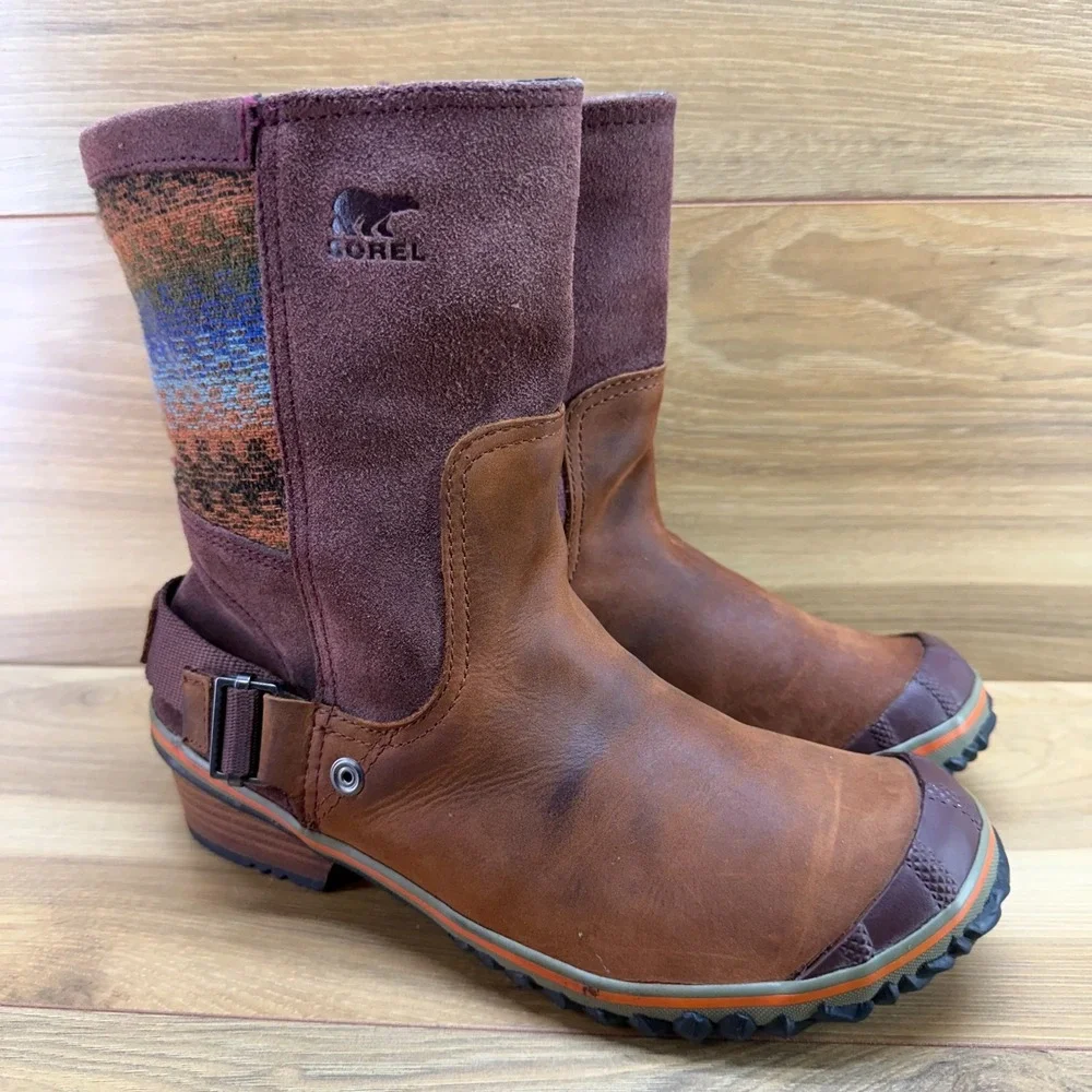 Sorel Slim Shortie Boots Womens 8.5 Bonfire Rust Brown Waterproof Pull On